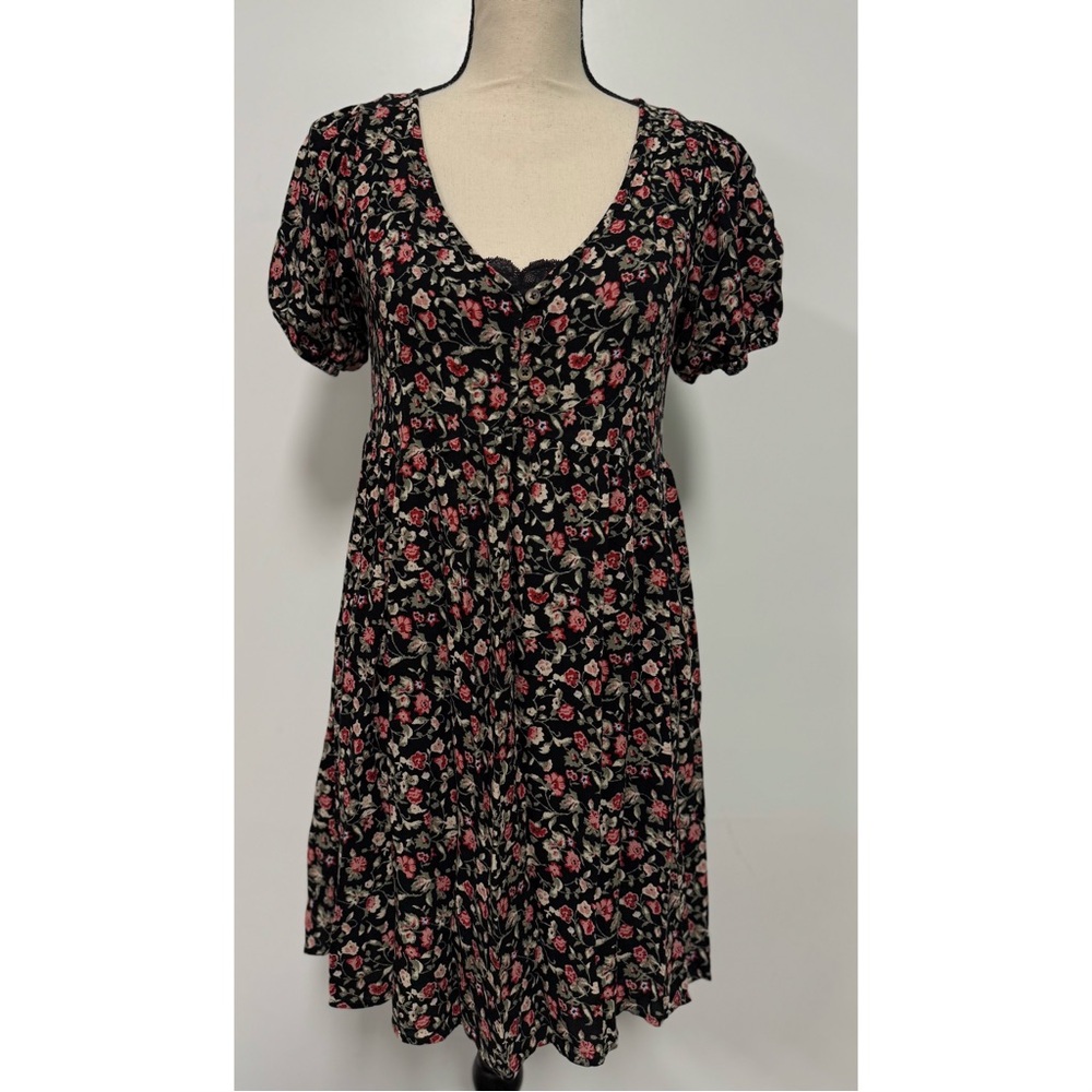 SO Short Sleeve Floral Mini Dress Black & Pink Juniors Size XS